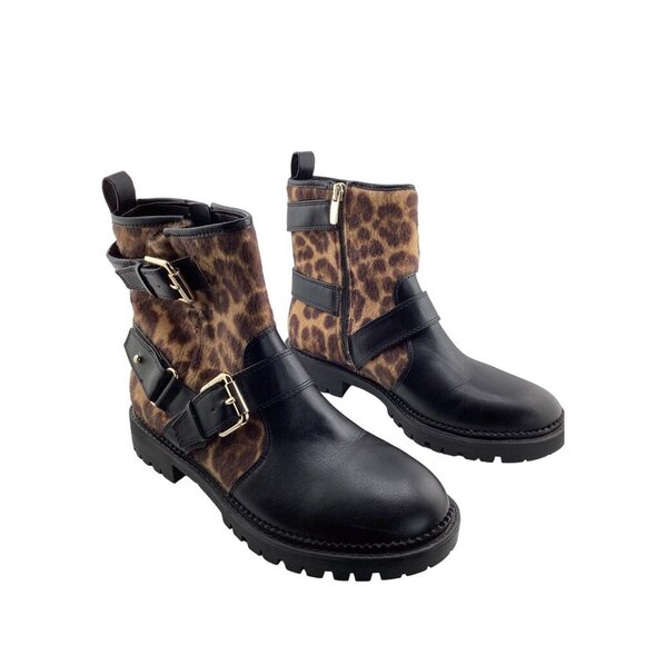 Nine West Aria Black Cheetah Print‎ Ankle Boots Size 7 Biker Combat Buckle - Picture 5 of 8